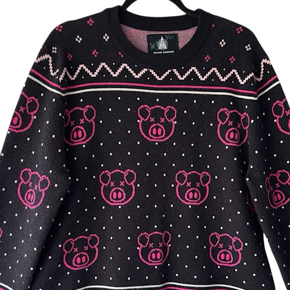 SHANE DAWSON | NWOT COTTON HOLIDAY PIG SWEATER BLACK & NEON PINK | 2XL - Picture 2 of 13